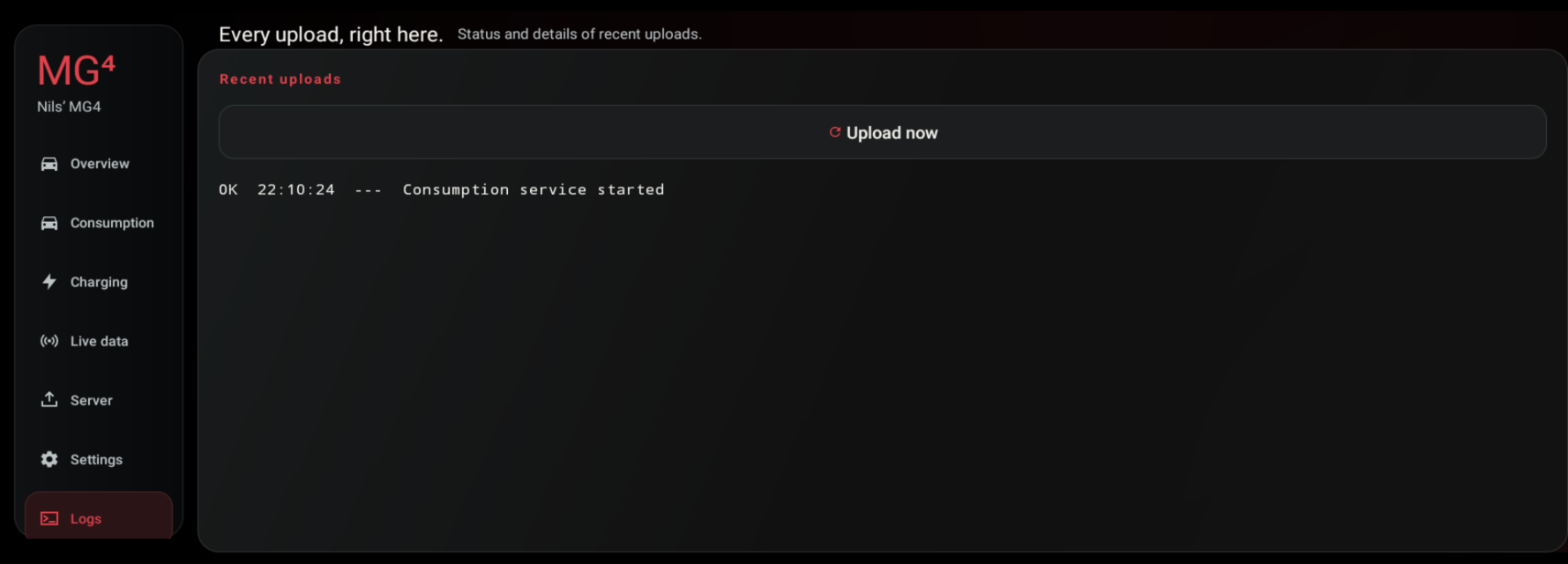 Logs tab: recent uploads
