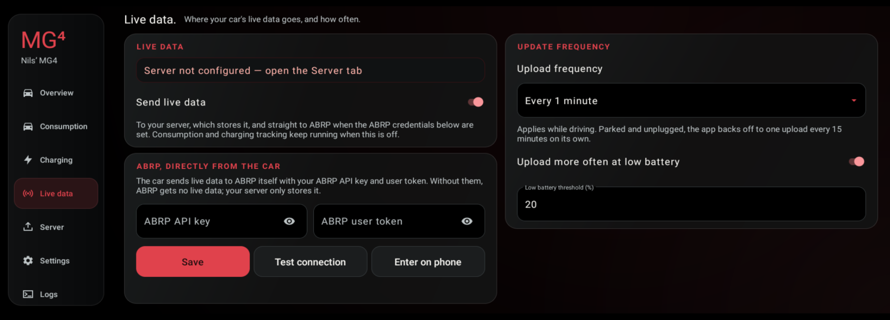Live data tab: on/off, ABRP credentials, upload frequency
