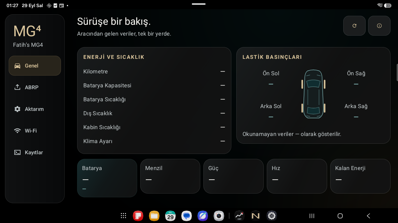 OLED vehicle overview with energy and tyre panels above compact metrics