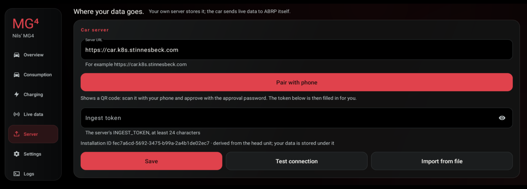 Server tab: URL, pairing, ingest token, installation ID