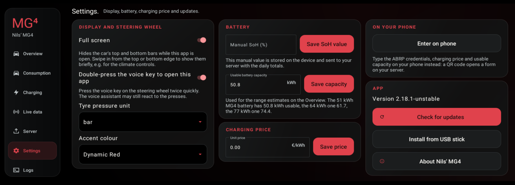 Settings tab: display, battery, charging price, phone entry, app updates